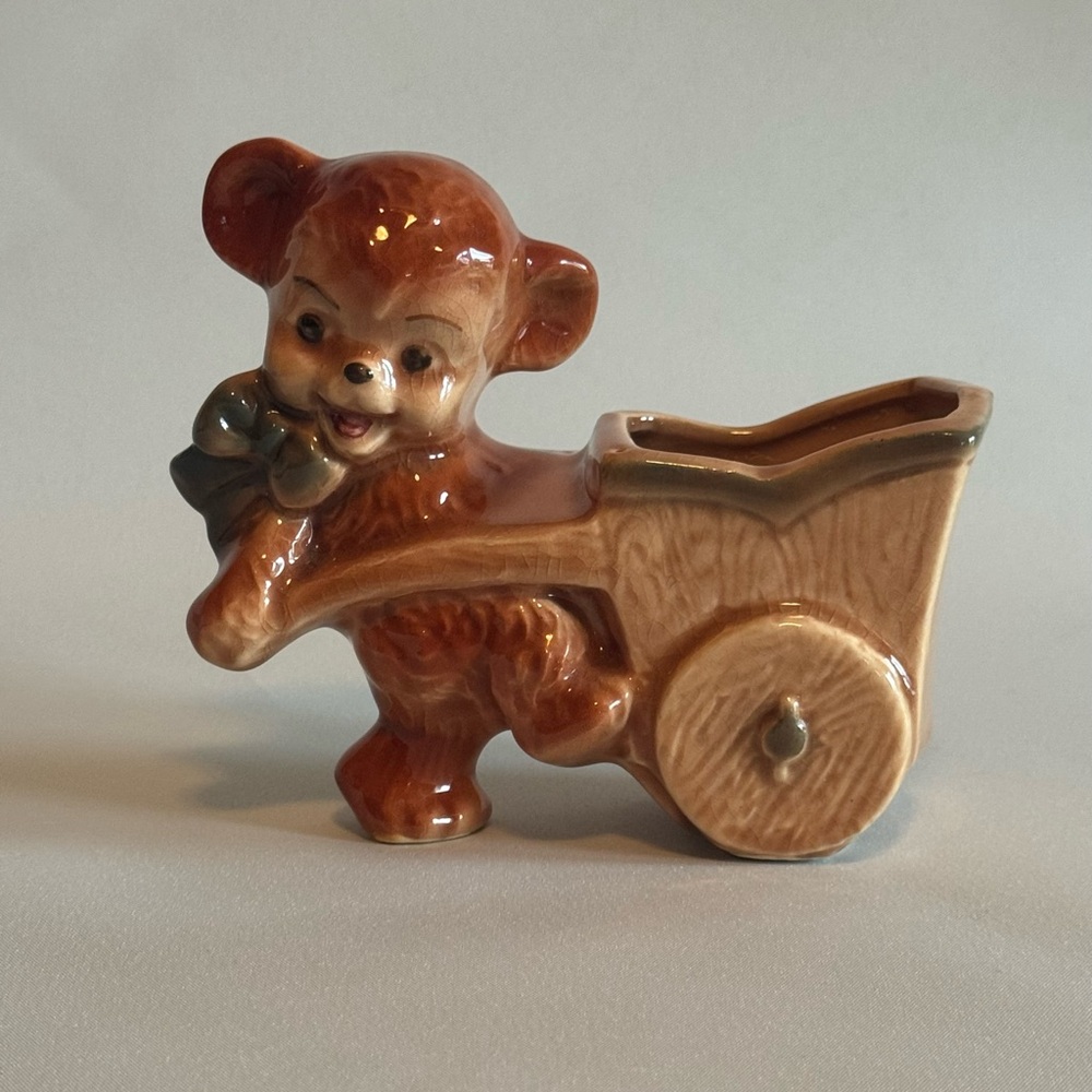 Vintage Ceramic Bear Figurine with Wheelbarrow – Planter or Trinket Holder